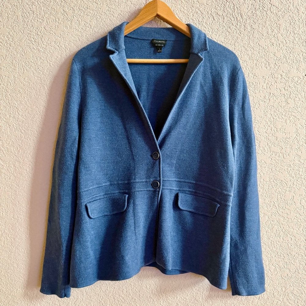 Talbots‎ Womens Size Large Blue Pure Merino Wool Blazer Jacket Pockets Soft Girl